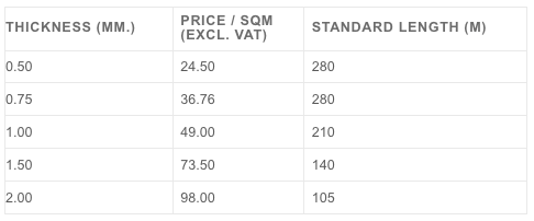 White table with black text, table contains price/SQM and standard roll length for different thickness geomembrane